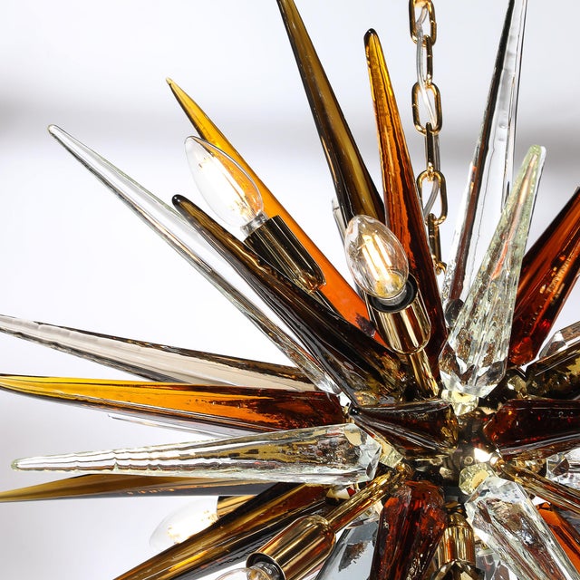Modernist Mixed Hand-Blown Murano Glass Spike Form Sputnik Chandelier W/ Brass For Sale In New York - Image 6 of 18