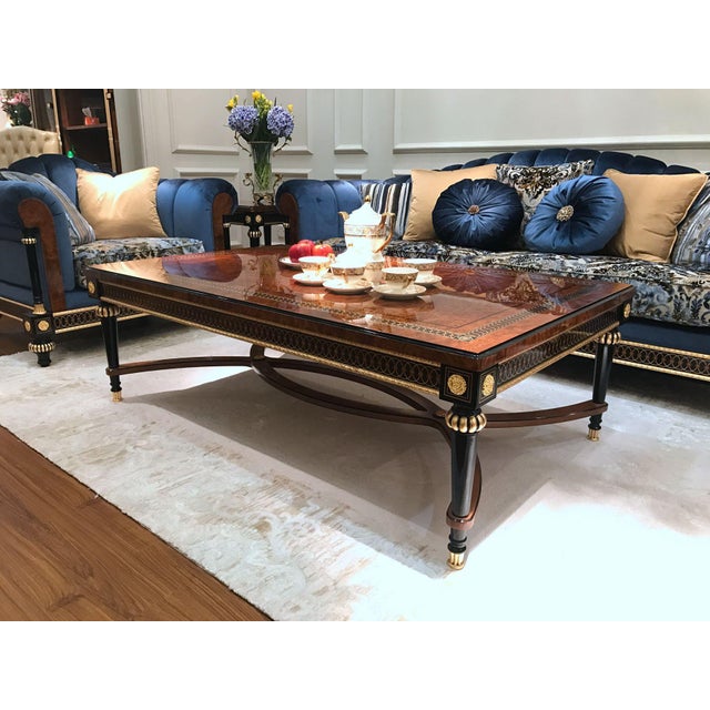 Traditional Regency-Style Burl Wood Coffee Table With Black & Gold Accents For Sale - Image 3 of 3