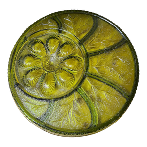1970s Mid-Century Modern Indiana Glass Avocado Green 13” Round Deviled Egg Tray Platter