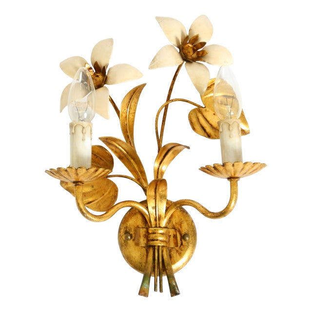 Gold-Plated and Hand-Painted Florentine Wall Lamp with Two Sockets, 1960s For Sale