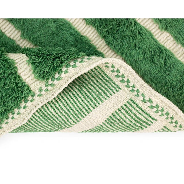 Exquisite hand-knotted wool rug featuring vibrant Forest Green hues with contrasting white stripes, offering durability...