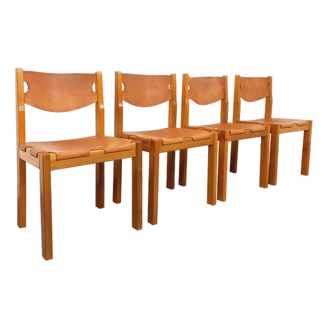 Vintage Chairs in Elm and Leather from Maison Regain, 1970s-1980s, Set of 4 For Sale