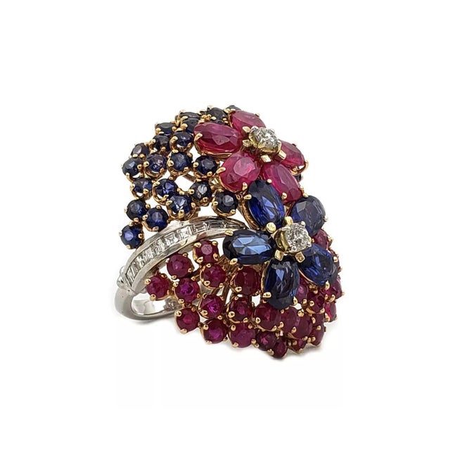 Stunning 13ct Ruby Sapphire Diamonds 14k White Gold Floral Long Dome Ring For Sale - Image 4 of 7