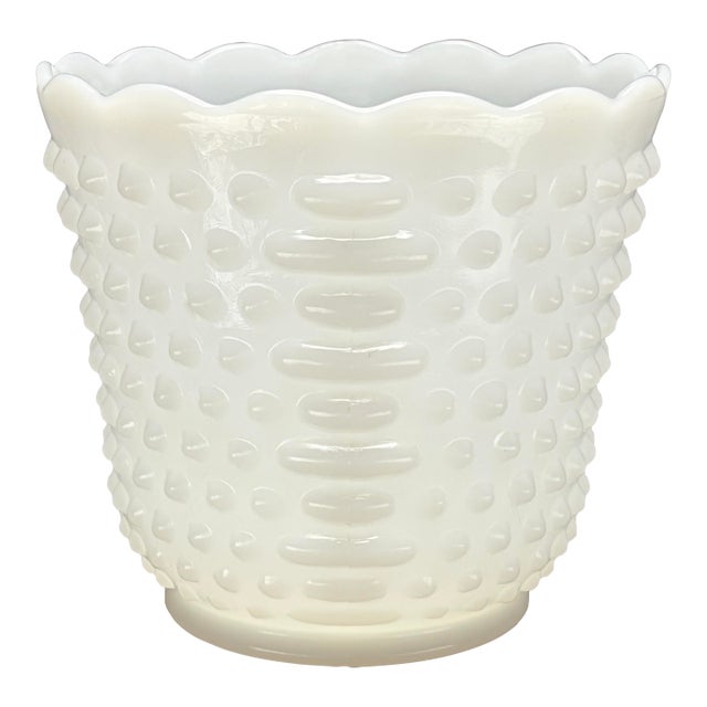 Vintage White Milk Glass “Dot and Dash” Hobnail Planter With Scalloped Rim For Sale