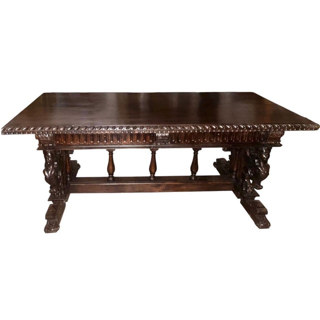 Brown Renaissance Revival Carved Walnut Trestle Continental Table. Italy, Late 19th C. For Sale - Image 8 of 8