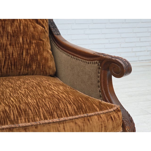 Wood Danish Armchair in Velour and Carved Ash, 1930s For Sale - Image 7 of 18