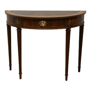 Vintage Antique Banded Flame Mahogany Traditional Hepplewhite Style 28" Demilune Accent Console Table For Sale