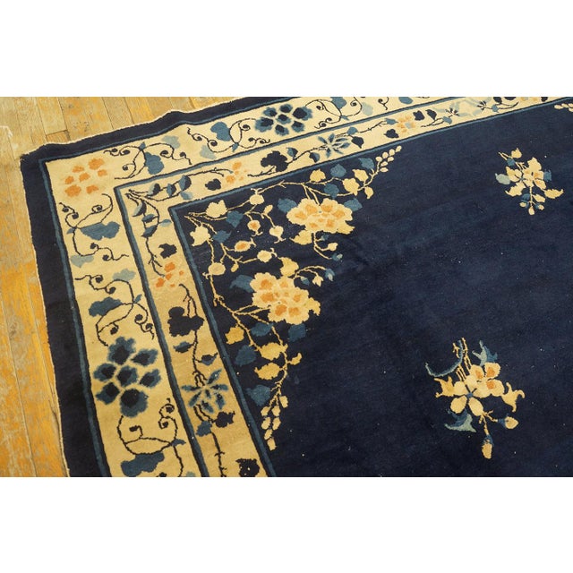 1920s 1920s Classic Floral Medallion Navy Blue Background Antique Chinese Peking Rug For Sale - Image 5 of 10