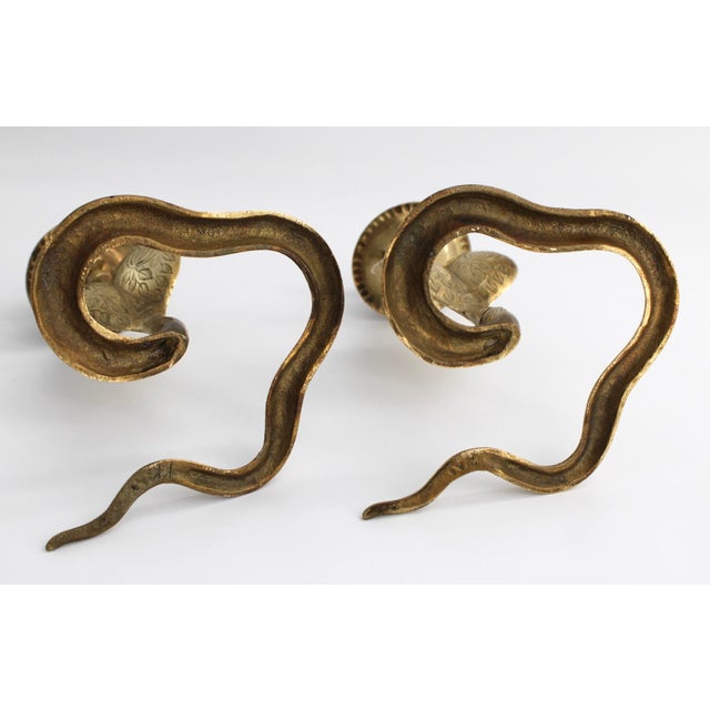 Mid-Century Modern Vintage Pair of Brass Cobra Snake MCM Candlesticks For Sale - Image 3 of 8