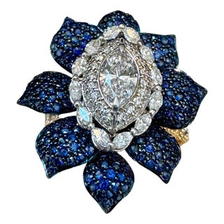 3 Ct Blue Sapphire & 1.5 Ct Diamond Flower Ring in 18 Kt Two Tone Gold Size7 For Sale