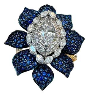 3 Ct Blue Sapphire & 1.5 Ct Diamond Flower Ring in 18 Kt Two Tone Gold Size7