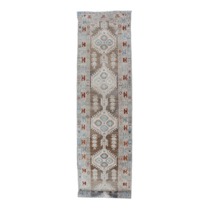 Long Persian Heriz Runner With Central Medallions in Brown, Blue, Tan & Red