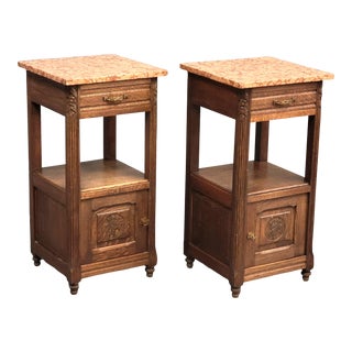 Antique European Oak and Italian Marble Pot Cupboards Nightstands - a Pair For Sale