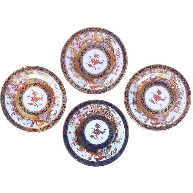 This is a set of four enameled tin plates in a beautiful Chinoiserie pattern. These four enameled tin plates are from a...