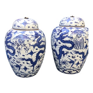 Blue & White Chinese Dragon Chinosorie Stoneware Urns Jars - Pair For Sale