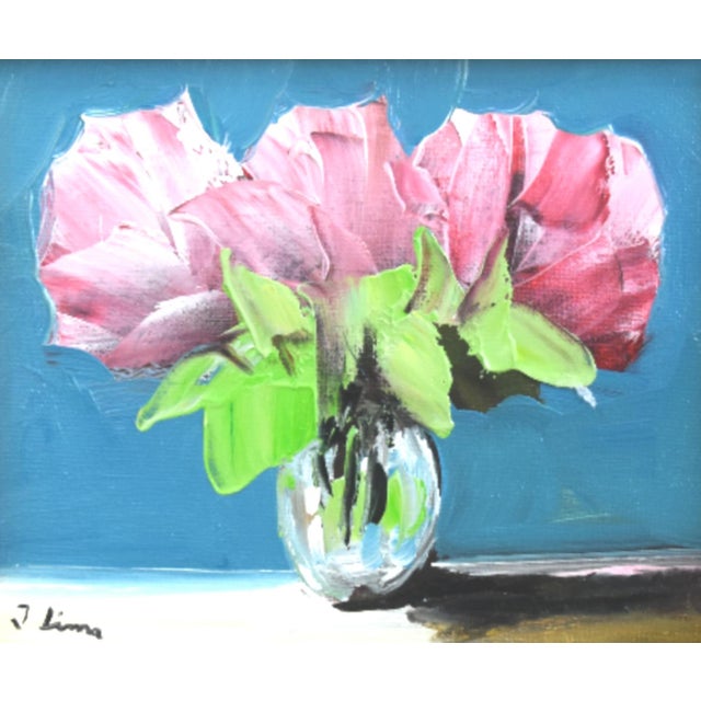 Abstract Pink Bouquet of Flowers Oil Painting Including the Antiqued Gold Wood Frame For Sale - Image 3 of 5