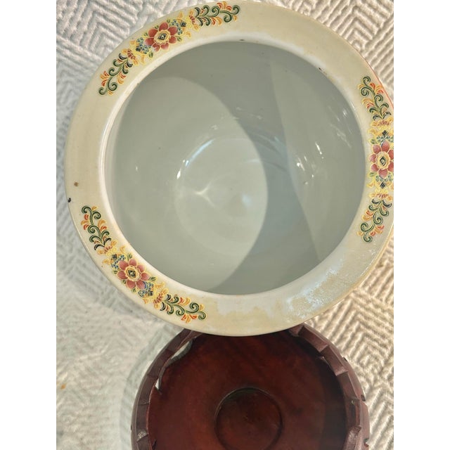 Vintage Japanese Satsuma Style Hand-Painted Porcelain Jardinière Cachepot With Wood Ming Style Stand For Sale - Image 10 of 12