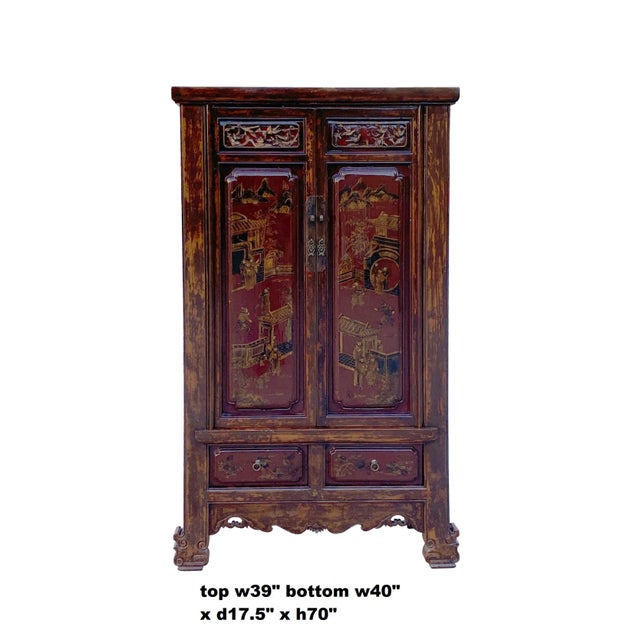Brown Chinese Vintage Brown Golden Scenery Armories Storage Cabinet For Sale - Image 8 of 11