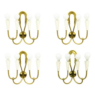 Ivory Metal and Brass Four-Light Wall Lamps, 1950s, Set of 4 For Sale