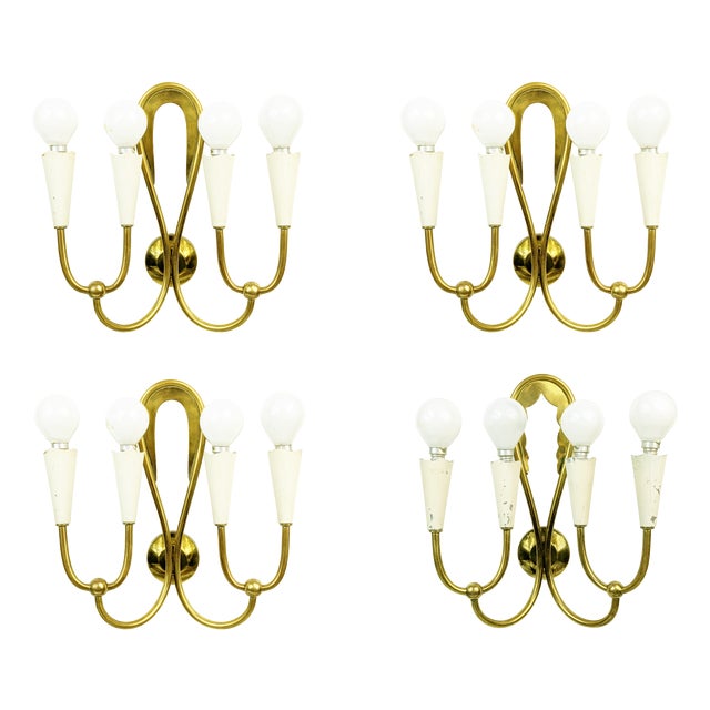 Ivory Metal and Brass Four-Light Wall Lamps, 1950s, Set of 4 For Sale