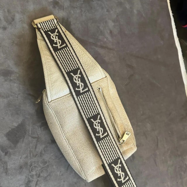 Beige 1990s Vintage Fabric and Leather Logo Pouch by Yves Saint Laurent For Sale - Image 8 of 16
