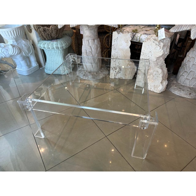 Vintage 1970s Square Lucite Peg Coffee Cocktail Table Inset Glass Top For Sale - Image 9 of 11