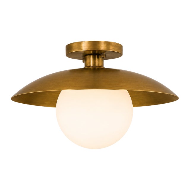 Handcrafted Solid Brass Flush Mount Ceiling Light With Opal Glass Globe For Sale