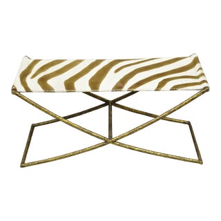 Early 20th Century Oly Studio Hadley Beach Zebra Print Hide Seat Modern Brutalist Iron Cross Base Bench For Sale
