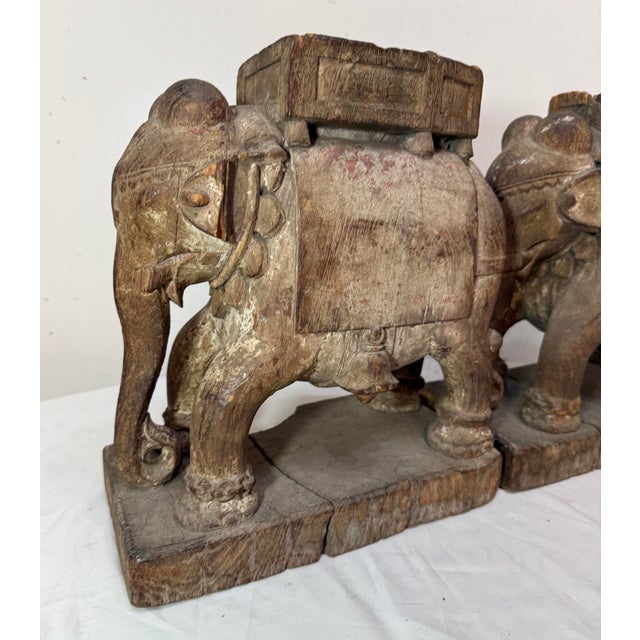 Pair of Antique 1700's Hand Carved Wood India Temple Salvage Elephant Sculptures For Sale - Image 11 of 18