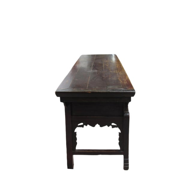 96” Inch Long Antique Brown Chinese Altar Console Table – 3 Drawers For Sale - Image 9 of 13