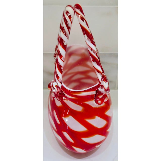 Hollywood Regency Vintage Murano-Style Red & White Hand-Blown Art Glass Handbag Purse Vase For Sale - Image 3 of 9