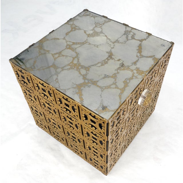 Decorative Brass Pattern Shaped Cube Base Side Table w/ Smoke Mirrored Top MINT For Sale - Image 12 of 13