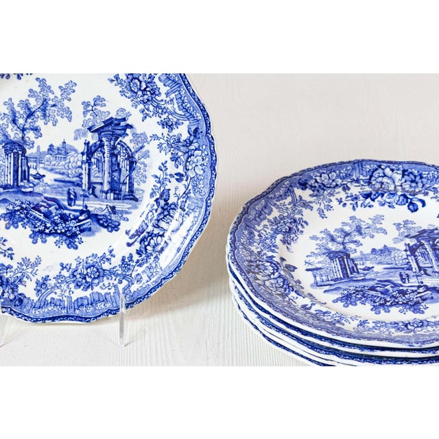 19th Century English 19th Century Transfer Blue and White Plates with Ruins and Floral Décor For Sale - Image 5 of 6