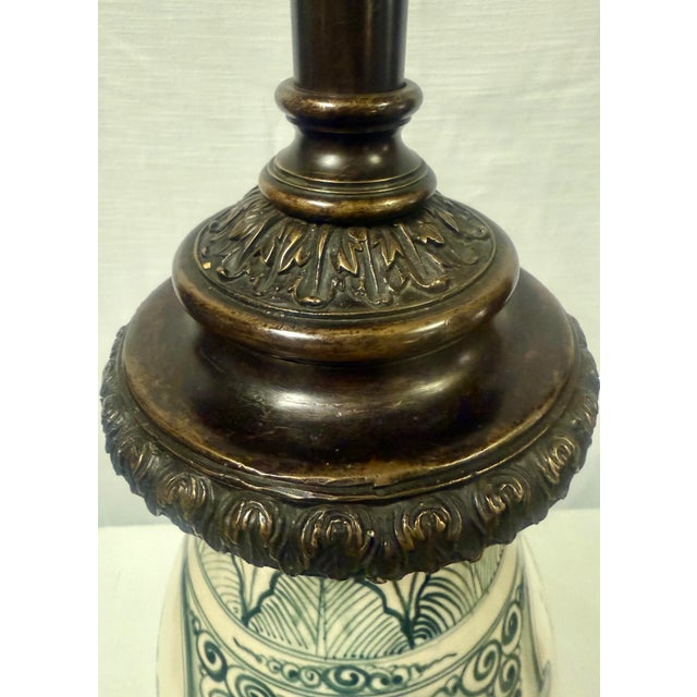 Stunning Vintage Chinoiserie Blue and White Ginger Jar Style Table Lamp With Cream Shade For Sale - Image 9 of 11