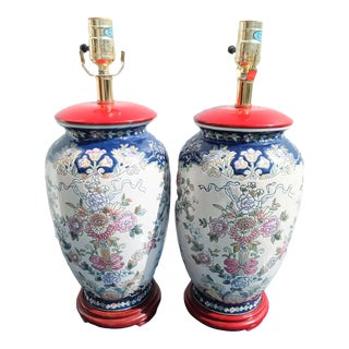 Vintage Chinoiserie Floral Red Navy Pink Ceramic Table Lamps- a Pair For Sale