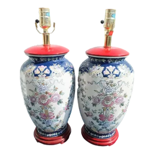 Vintage Chinoiserie Floral Red Navy Pink Ceramic Table Lamps- a Pair