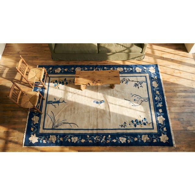 Textile 1900s Beige Floral Modern Antique Chinese Peking Rug 4'0" X 6'10" Hand Knotted Wool Carpet For Sale - Image 7 of 9