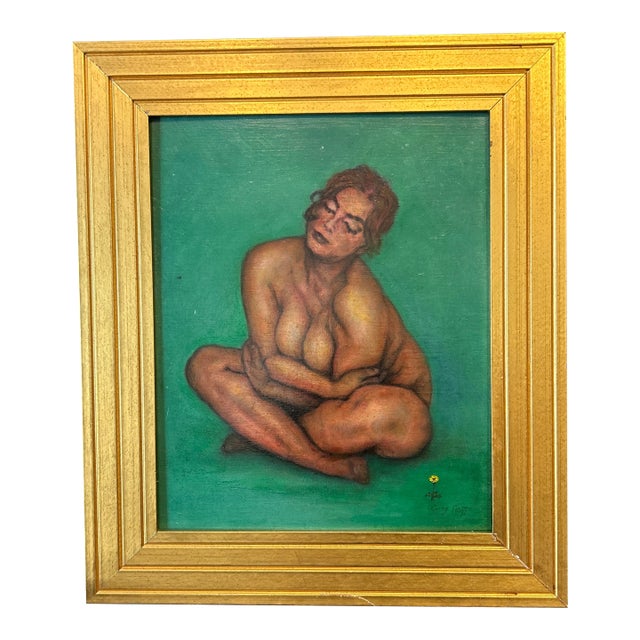 Vintage Painting on Board of a Seated Female by Guy Hoff For Sale