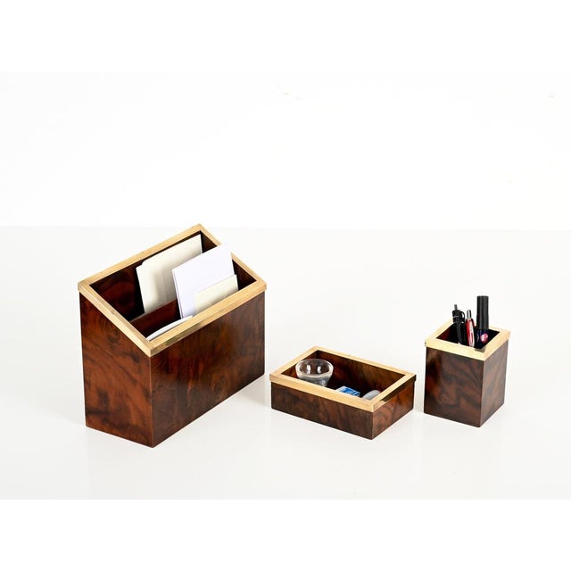 Mid-Century Modern Desk Set in Burl and Brass by Tommaso Barbi, 1970s, Set of 5 For Sale - Image 12 of 18
