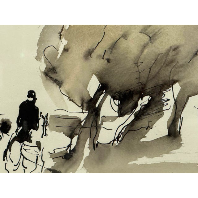 Abstract Vintage Abstract Fox Hunt Horse Painting in Gouache and Ink Watercolor For Sale - Image 3 of 5