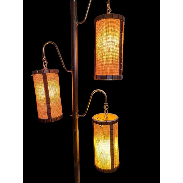 Coffee Mid-Century Modern 1960s 3-Light Tension Pole Lamp With Amber Lantern Shades For Sale - Image 8 of 8