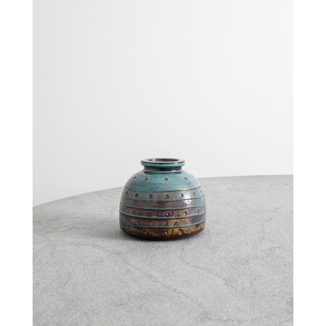 Mid-Century Swedish Decorative Turquoise Blue Stoneware Farsta Vase by Wilhelm Kåge for Gustavsberg, 1940s For Sale - Image 6 of 6