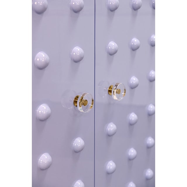Contemporary Matthew Izzo Home Beau Glossy Lavender Lacquer Two Door Cabinet With Ball Studs and Acrylic/Brass Knobs For Sale - Image 3 of 6
