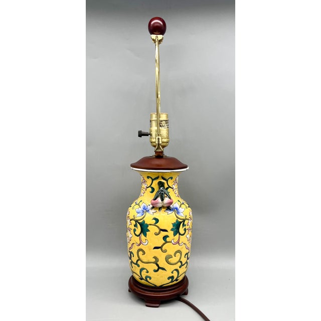 Chinoiserie Vintage Chinese Floral Hand-Painted Porcelain Lamp With Applied Fruit Handles - Chinoiserie, Traditional, Asian For Sale - Image 3 of 14