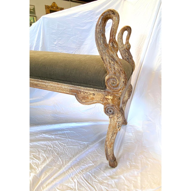 Wood Extraordinary Carved Swan Framed Linen Bench For Sale - Image 7 of 12