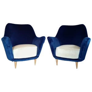 Set of Italian Armchairs in Cobalt Blue and Cream, 1960