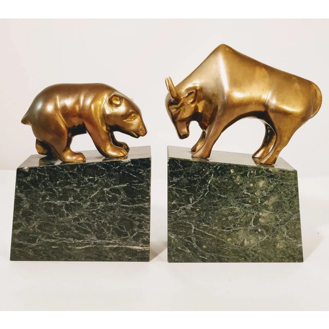 Mid Century Brass Marble Bulls and Bears Stock Market Bookends For Sale - Image 10 of 10