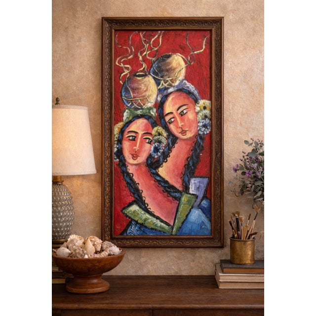 Original Signed Oil Painting Exaggerated Portrait Latin Sisters Bohemian ~Measures 21” by 11” by 1 /4” deep ~ signed by...