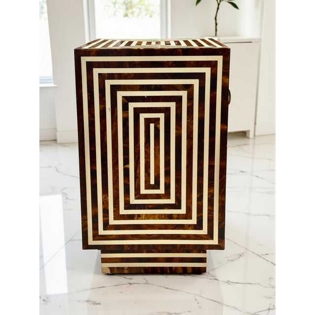 Art Deco Vintage Burled Walnut Faux Bone Inlay 2 Drawer Nightstand-Art Deco-Regency-Chest For Sale - Image 3 of 11