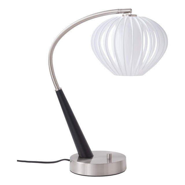 Boomerang Table Lamp, Modern Black Oak/Satin Nickel Steel, Sphere White Shade For Sale